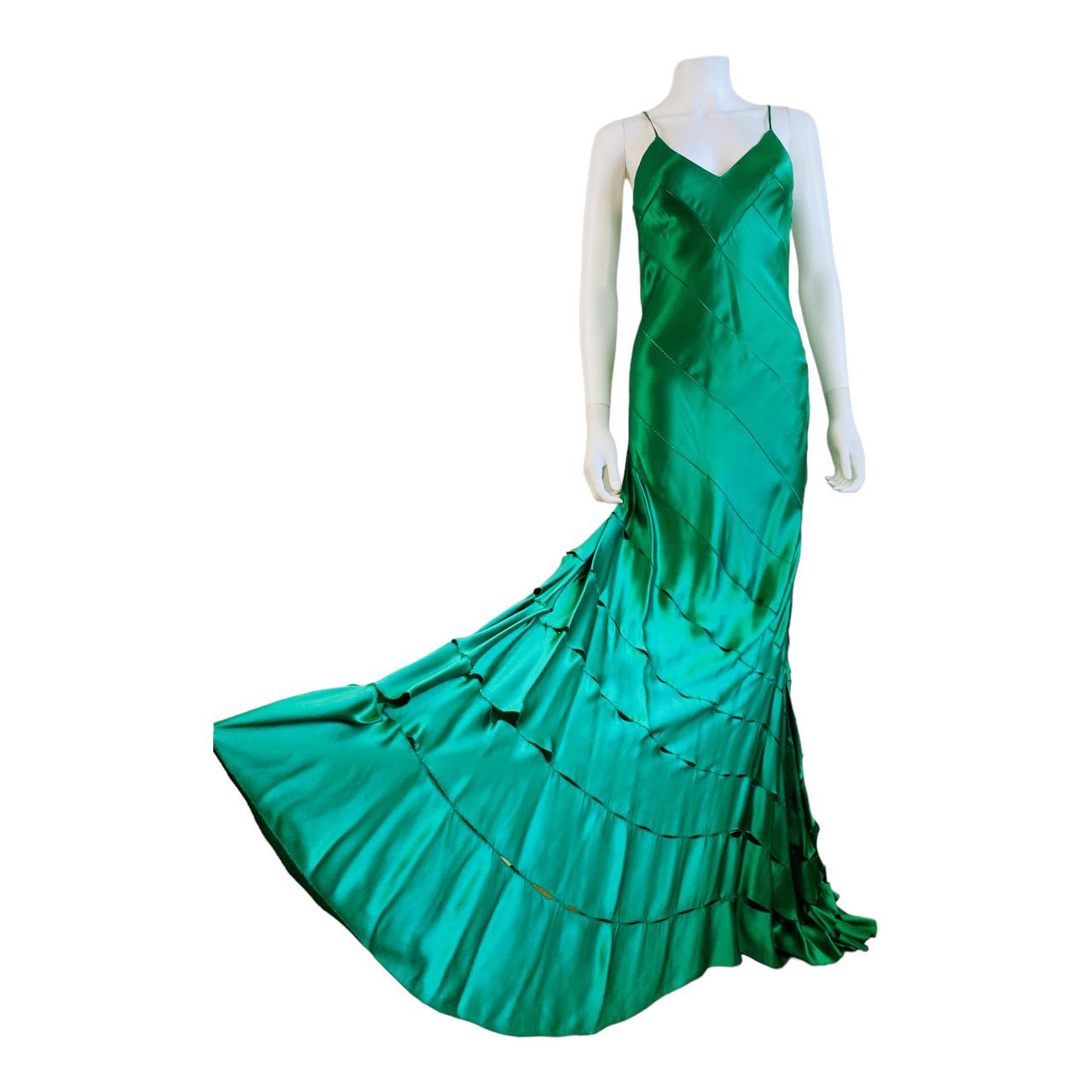 Grünes Seide Vintage F/S 2004 Roberto Cavalli Maxi-Slipkleid mit Meerjungfrauensaum aus Seide Damen im Angebot