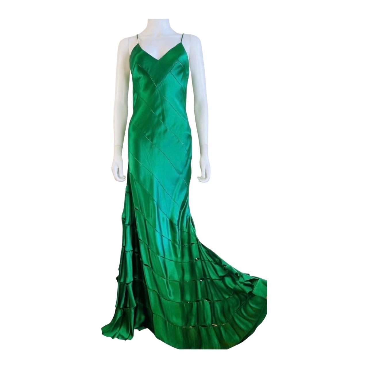 Green Silk Vintage S/S 2004 Roberto Cavalli Maxi Slip Dress Gown Mermaid Hem For Sale 1