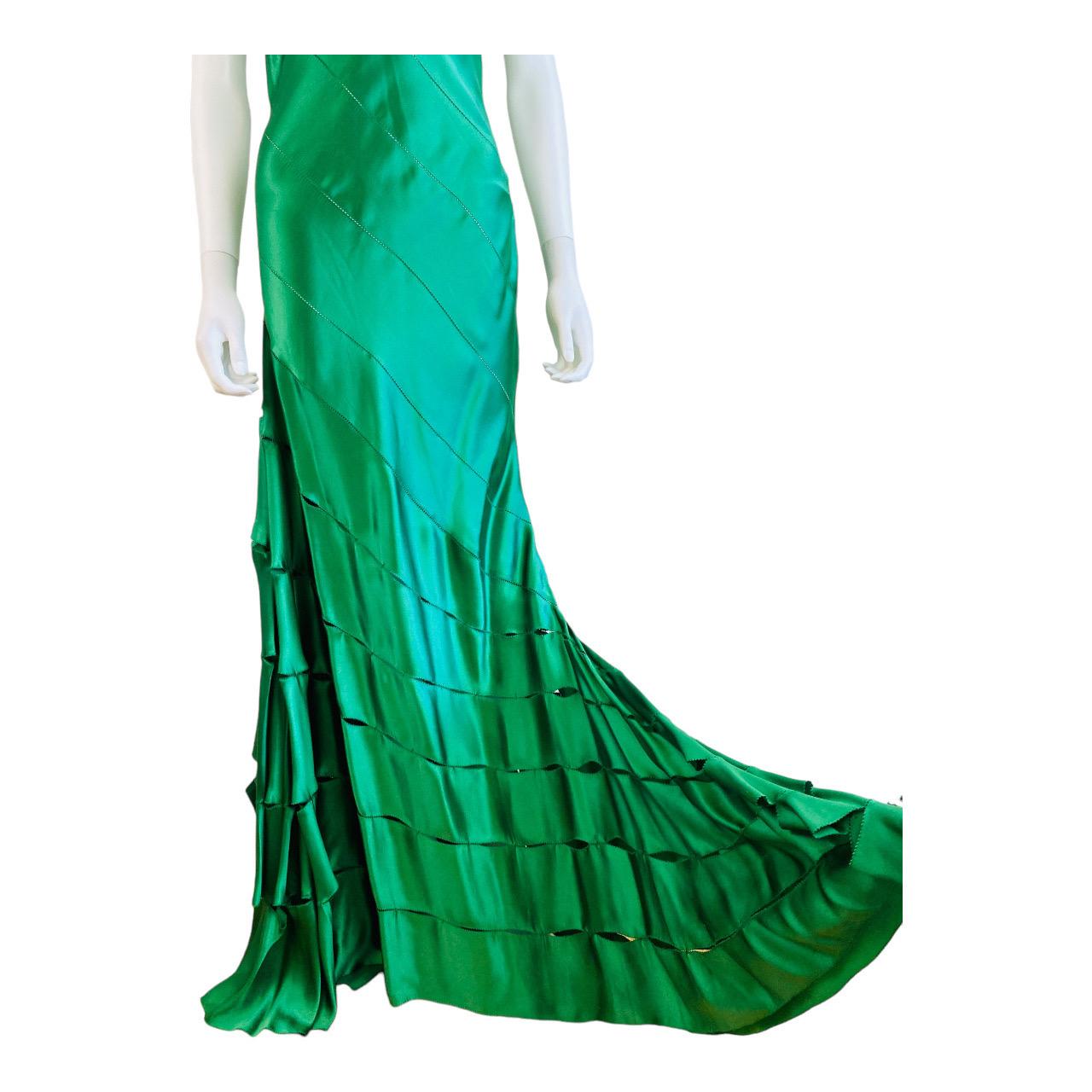 Robe longue robe sirène vintage en soie verte Roberto Cavalli, P/E 2004 en vente 2