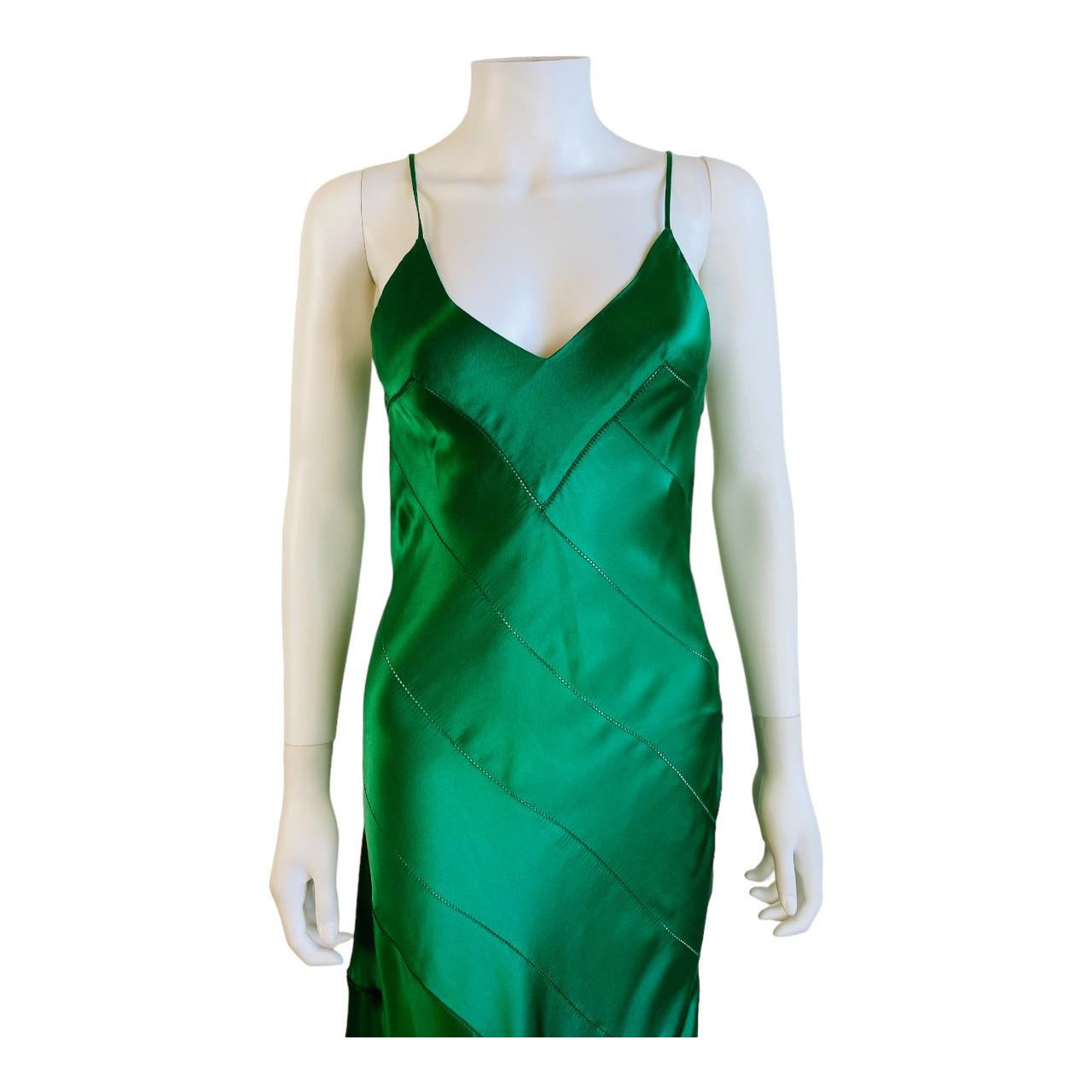 Green Silk Vintage S/S 2004 Roberto Cavalli Maxi Slip Dress Gown Mermaid Hem For Sale 3