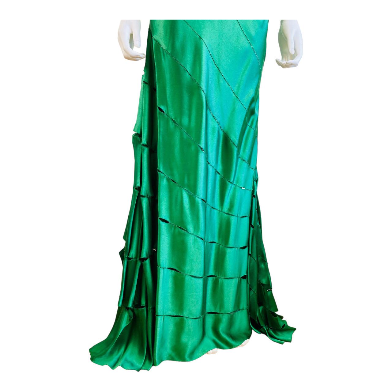 Green Silk Vintage S/S 2004 Roberto Cavalli Maxi Slip Dress Gown Mermaid Hem For Sale 5