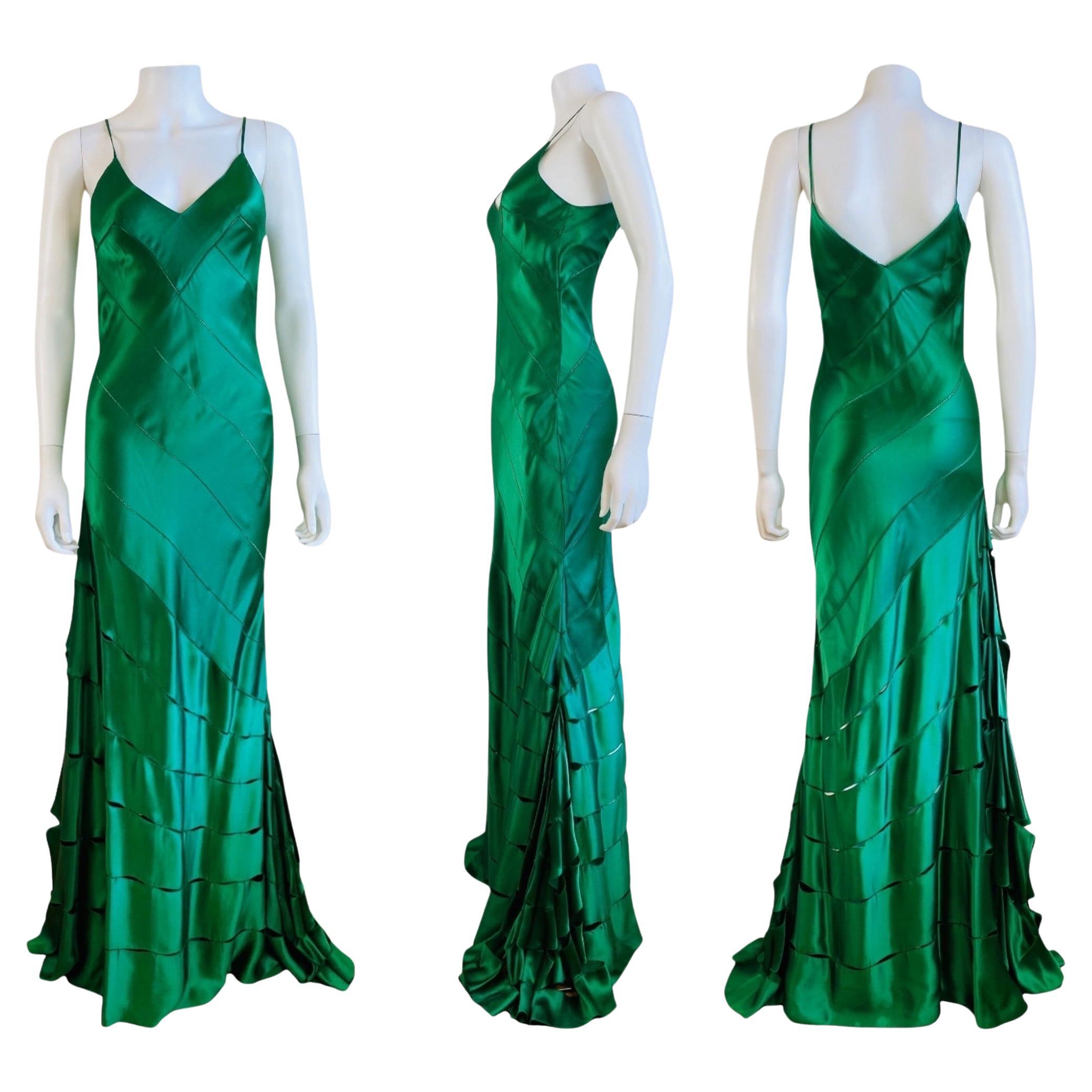 Green Silk Vintage S/S 2004 Roberto Cavalli Maxi Slip Dress Gown Mermaid Hem For Sale