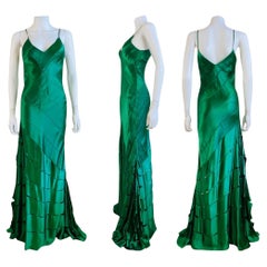 Green Silk Antique S/S 2004 Roberto Cavalli Maxi Slip Dress Gown Mermaid Hem