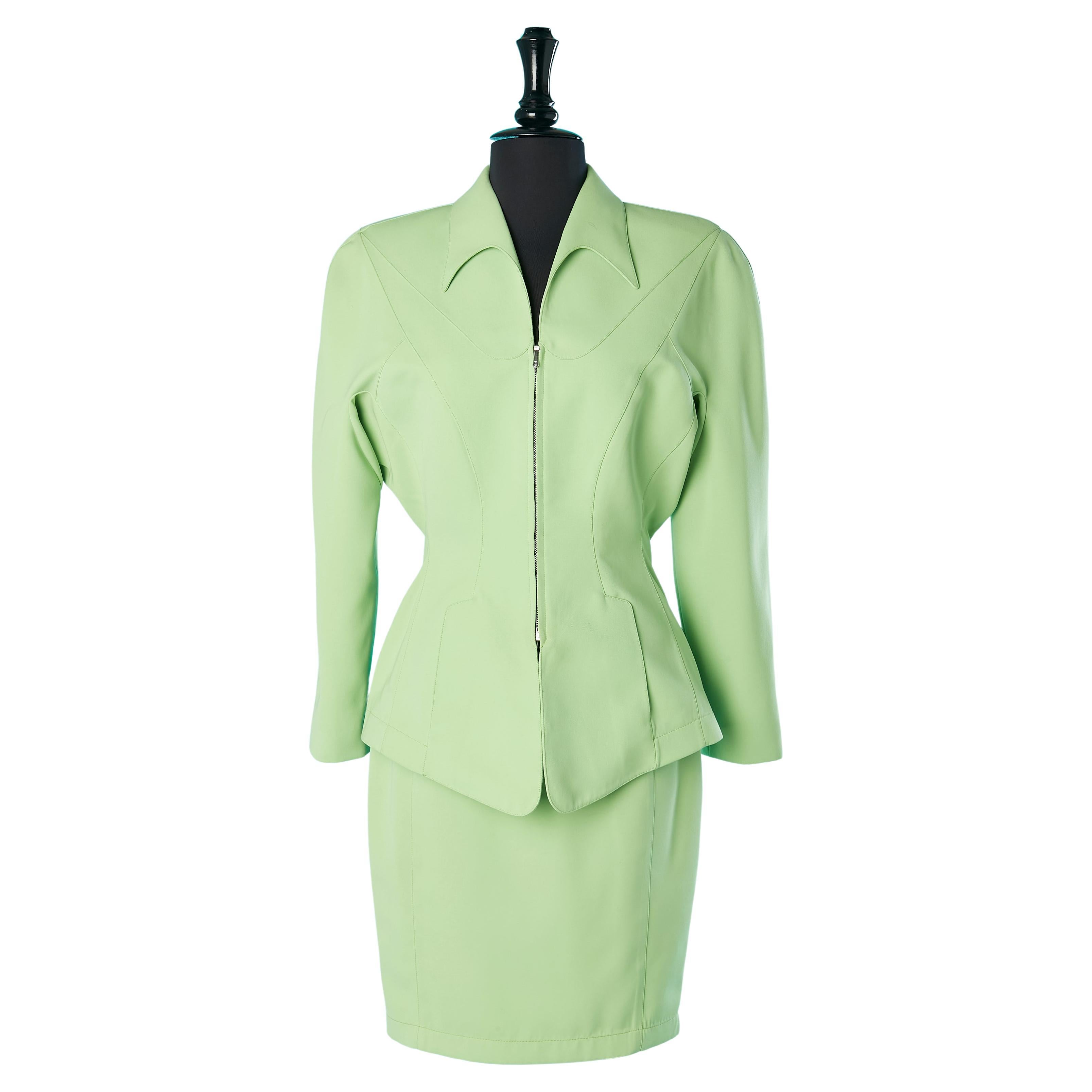 Tailleur con gonna verde con lavorazione a taglio e chiusura a zip Thierry Mugler Circa anni '90