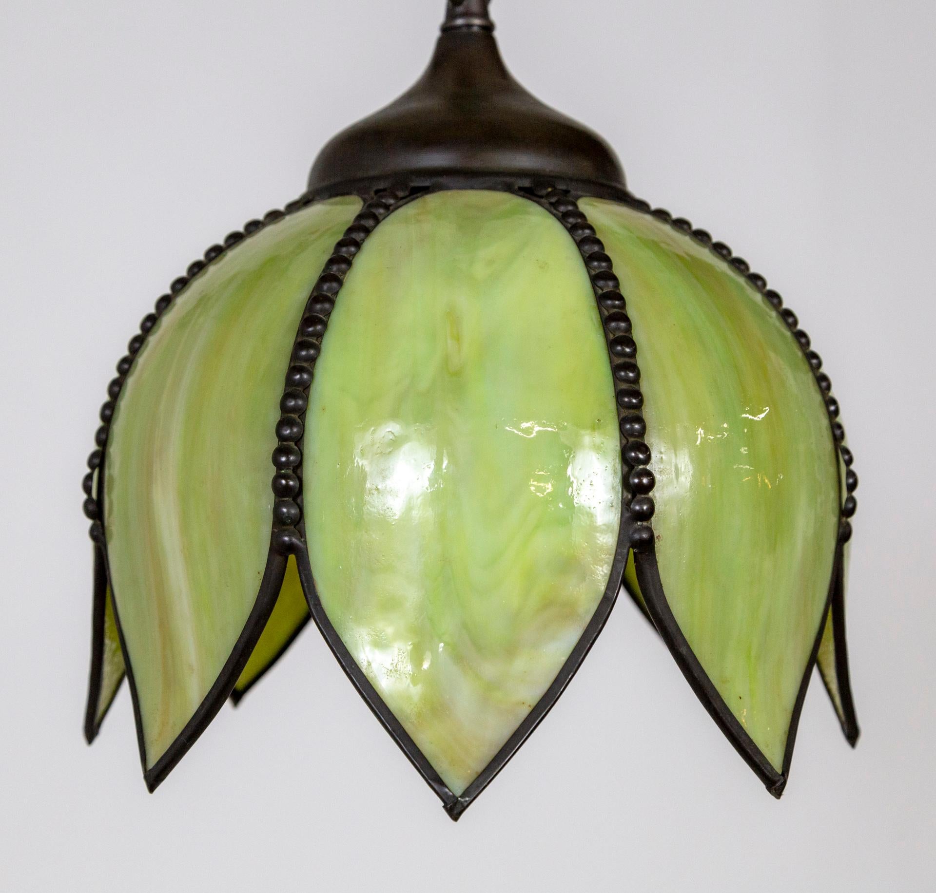 Mid-Century Modern Green Slag Glass Hanging Tulip Pendant Light '2 Available'