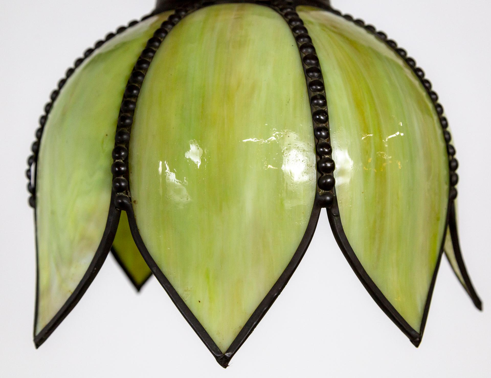 Green Slag Glass Hanging Tulip Pendant Light '2 Available' In Good Condition In San Francisco, CA
