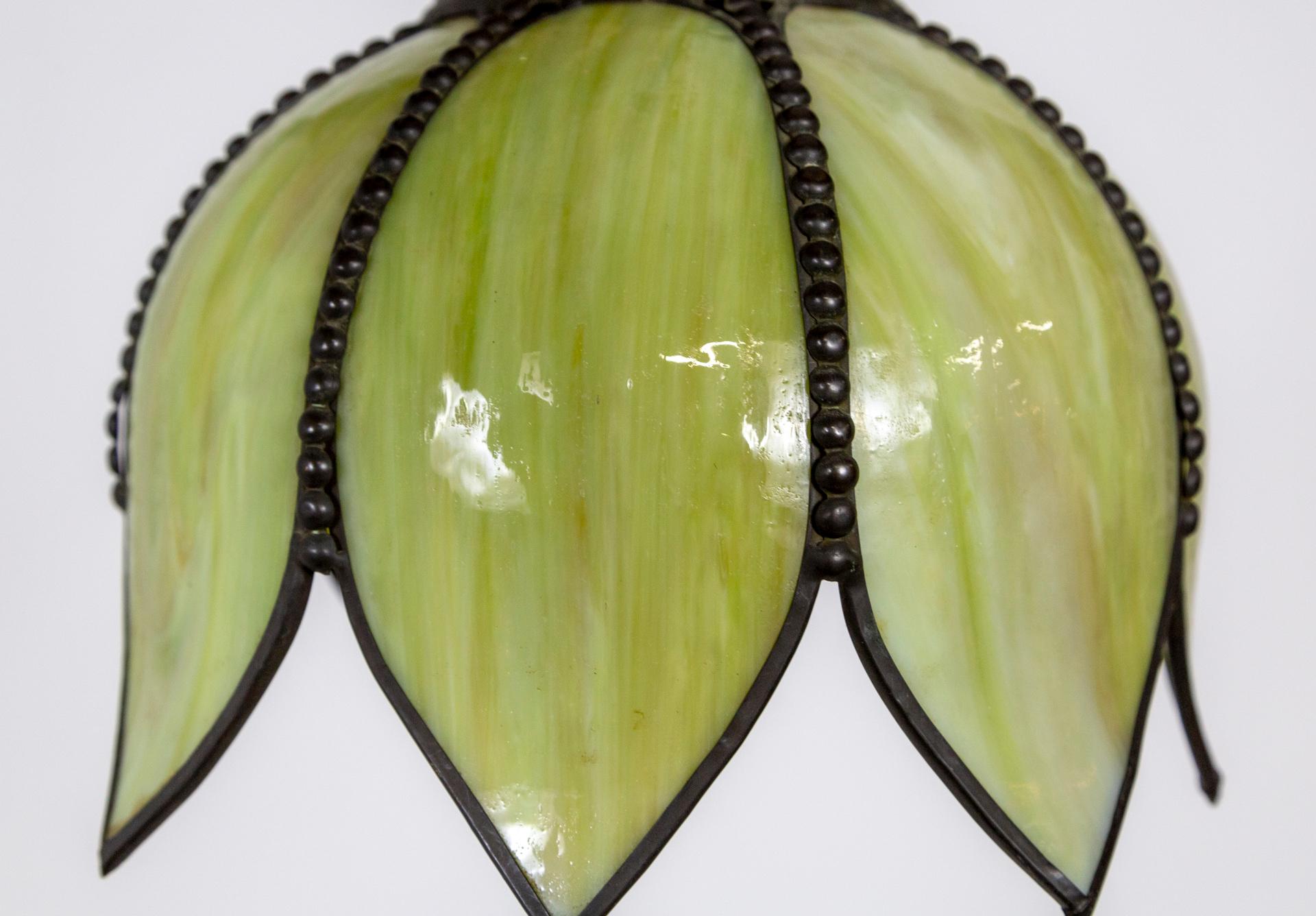 20th Century Green Slag Glass Hanging Tulip Pendant Light '2 Available'