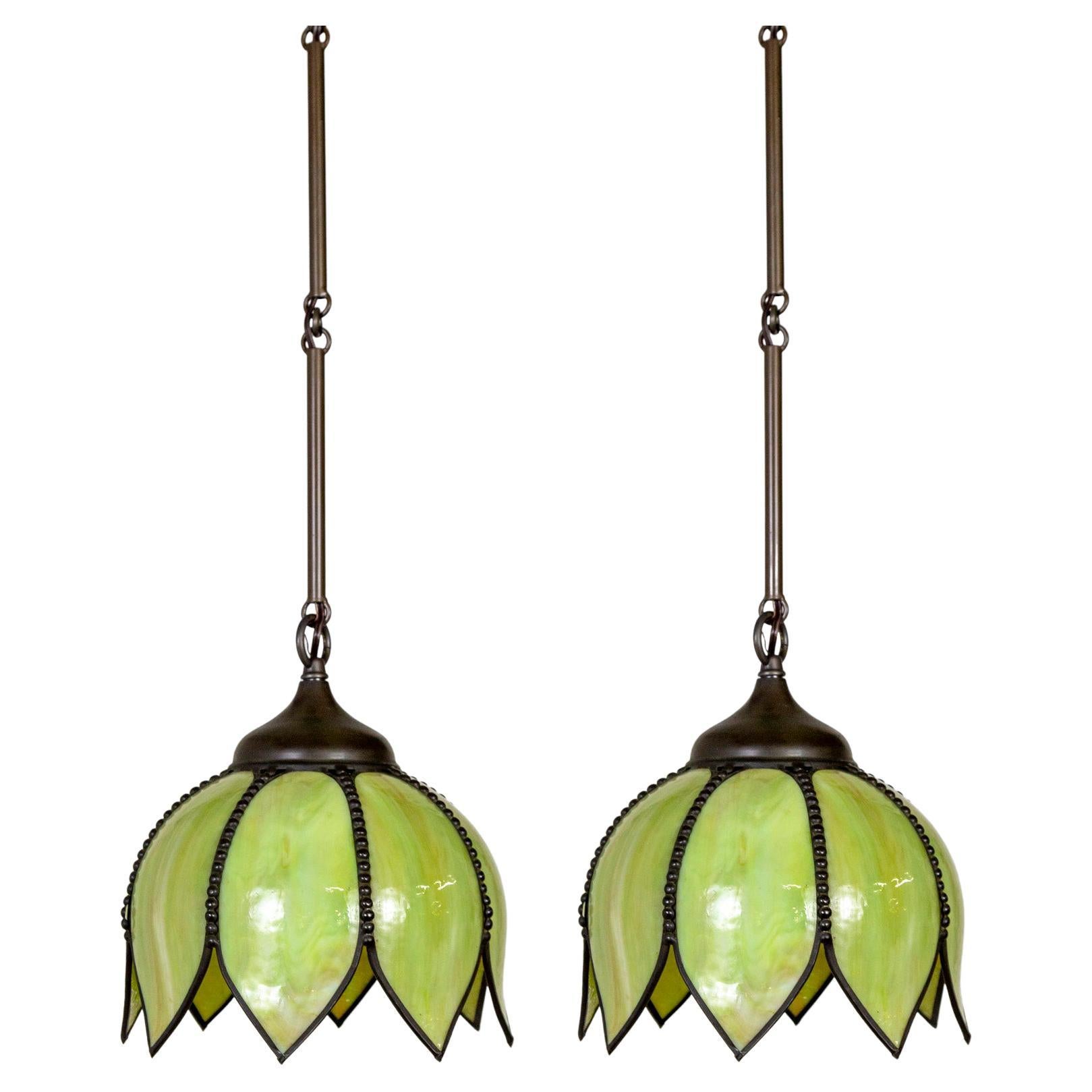 Green Slag Glass Hanging Tulip Pendant Light '2 Available'