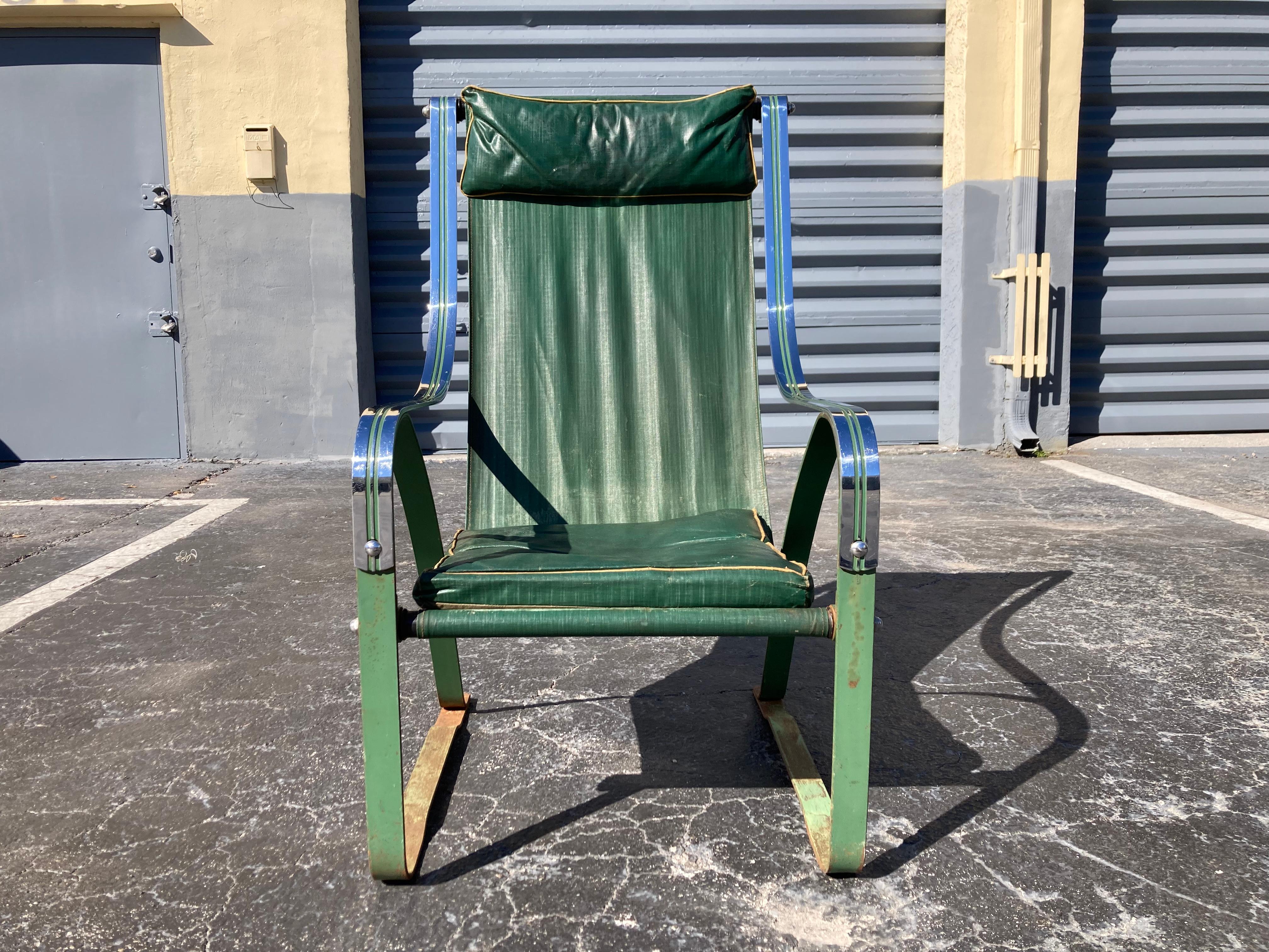 McKay Craft cantilever sling lounge chair designed by John McKay, in all original condition - chrome plated steel frame with green painted factory finish - green oil cloth upholstery sling with attached head rest pillow, seat cushion. Great color