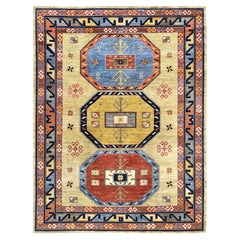 Alfombra verde de lana suave anudada a mano con diseño de inspiración armenia 200 KPSI 10'2" x 13'6