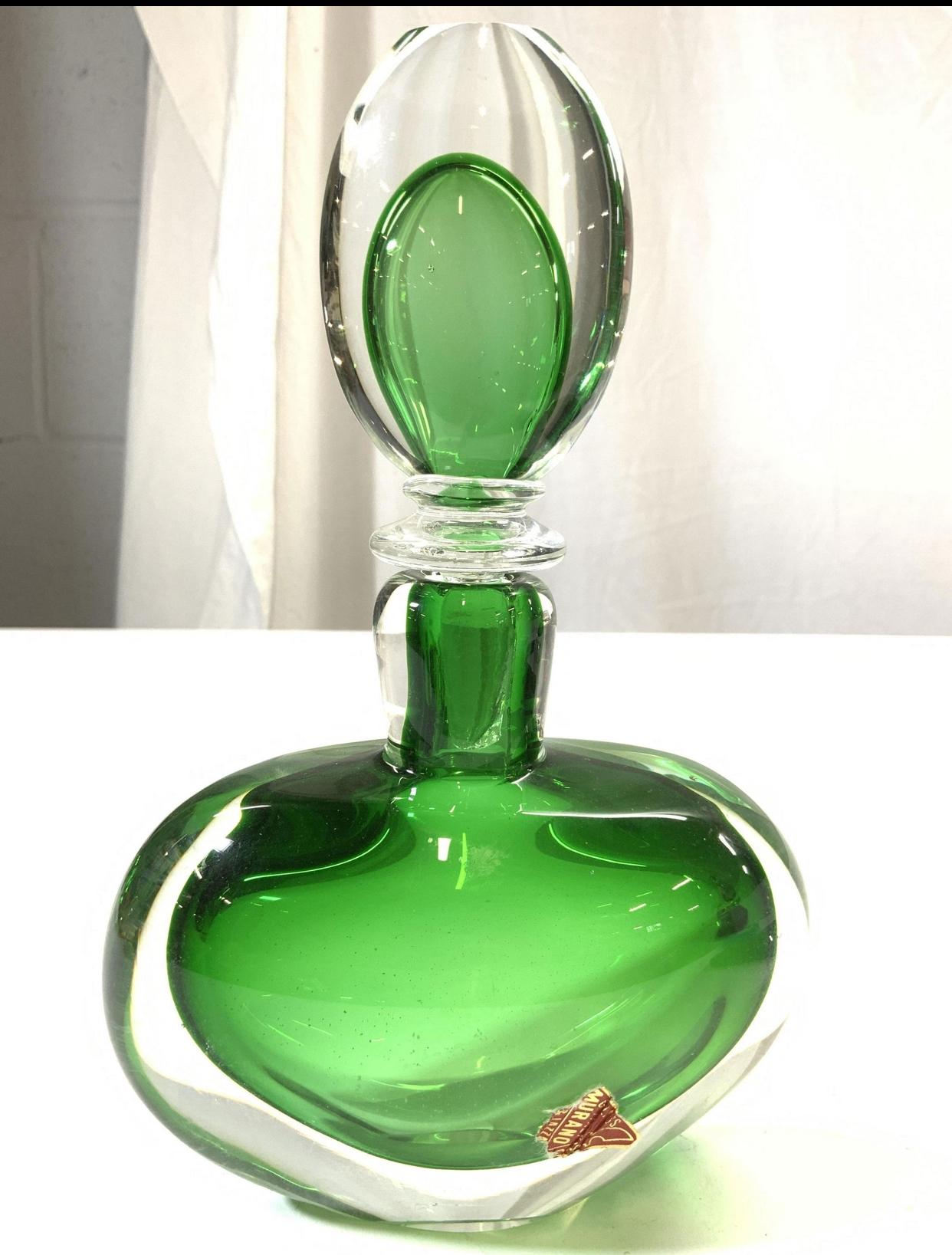 Italian hand blown Murano Sommerso green glass decanter. 