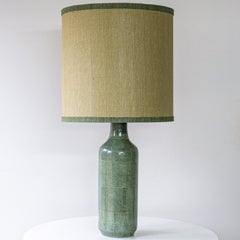 Green Speckled Glazed Ceramic Lamp, Custom Made Brown Lampshade by R. Houben