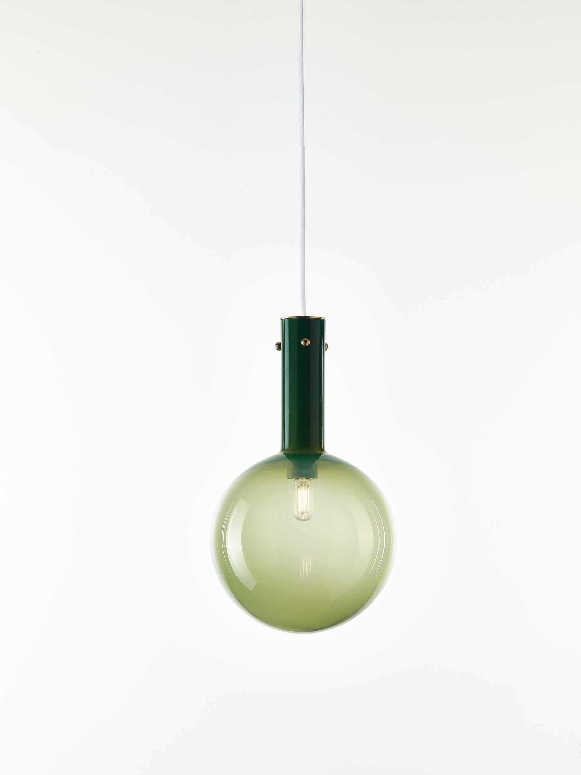 Green Sphaerae pendant light by Dechem Studio
Dimensions: D 20 x H 180 cm
Materials: Brass, metal, glass.
Also available: Different finishes and colours available

Only one homogenous piece of hand-blown glass creates the main body of Sphaerae