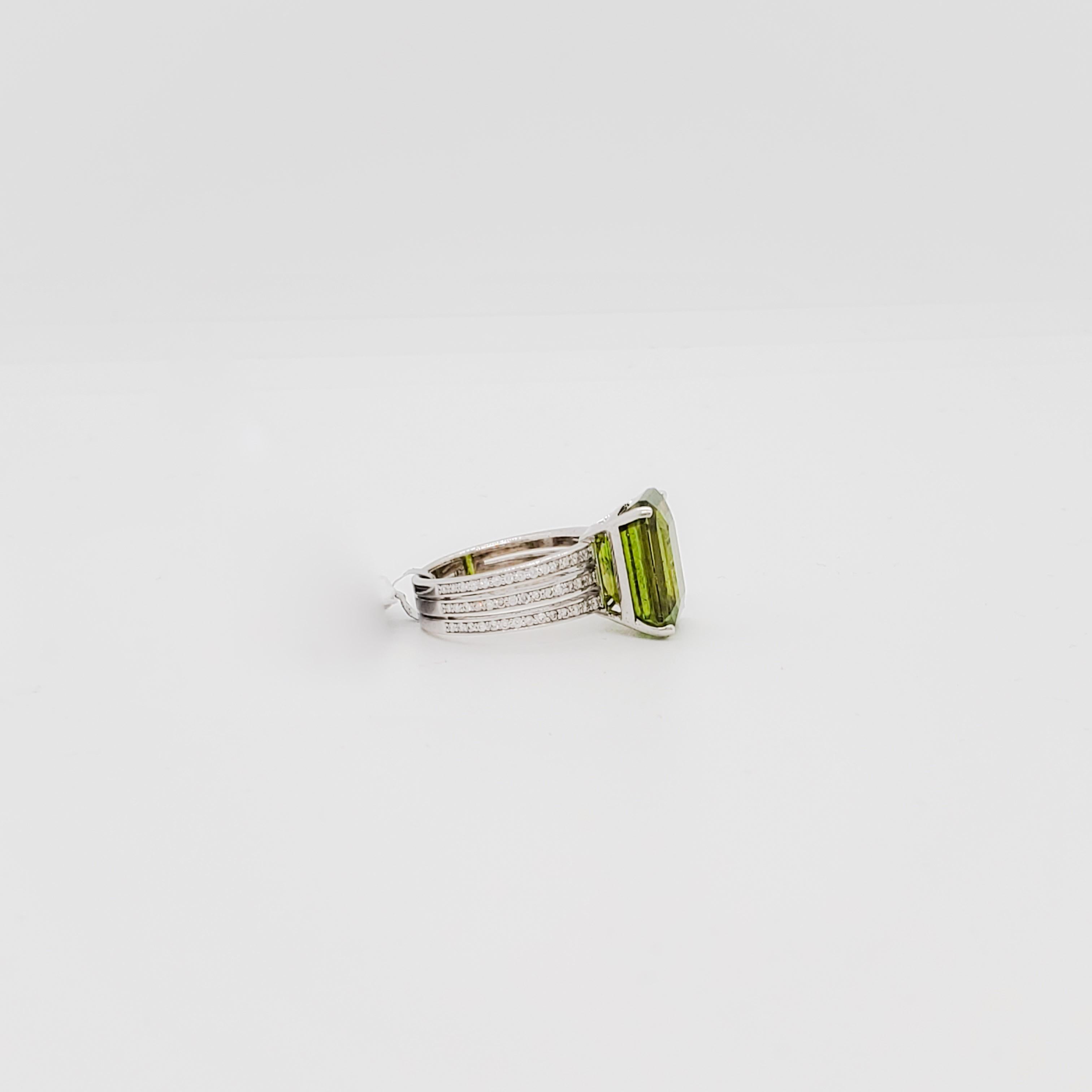 Green Sphene Radiant and Diamond Cocktail Ring in 18k White Gold For Sale 1