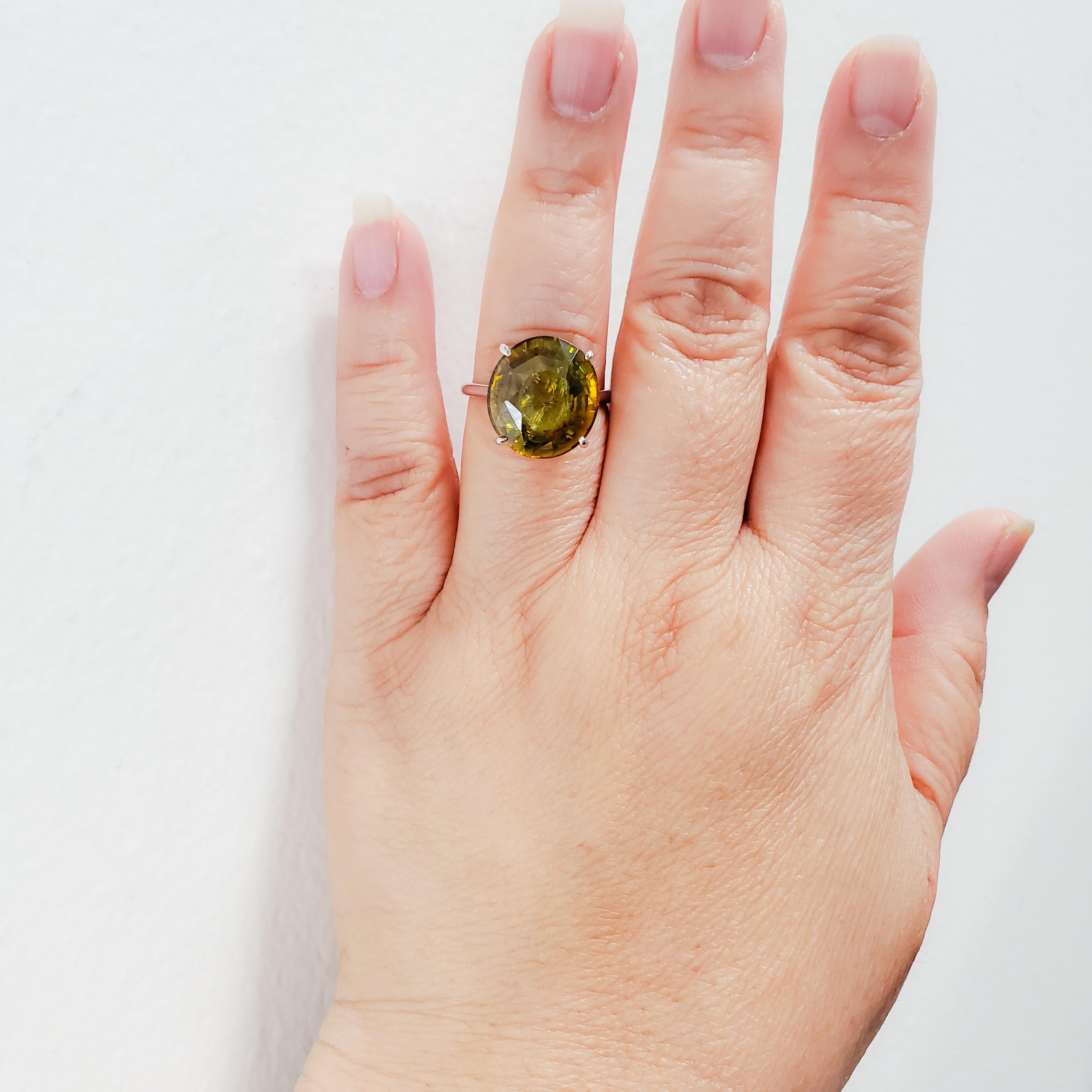 Gorgeous 12.60 ct. green sphene round in a handmade 18k white gold ring.  Ring size 8.25.