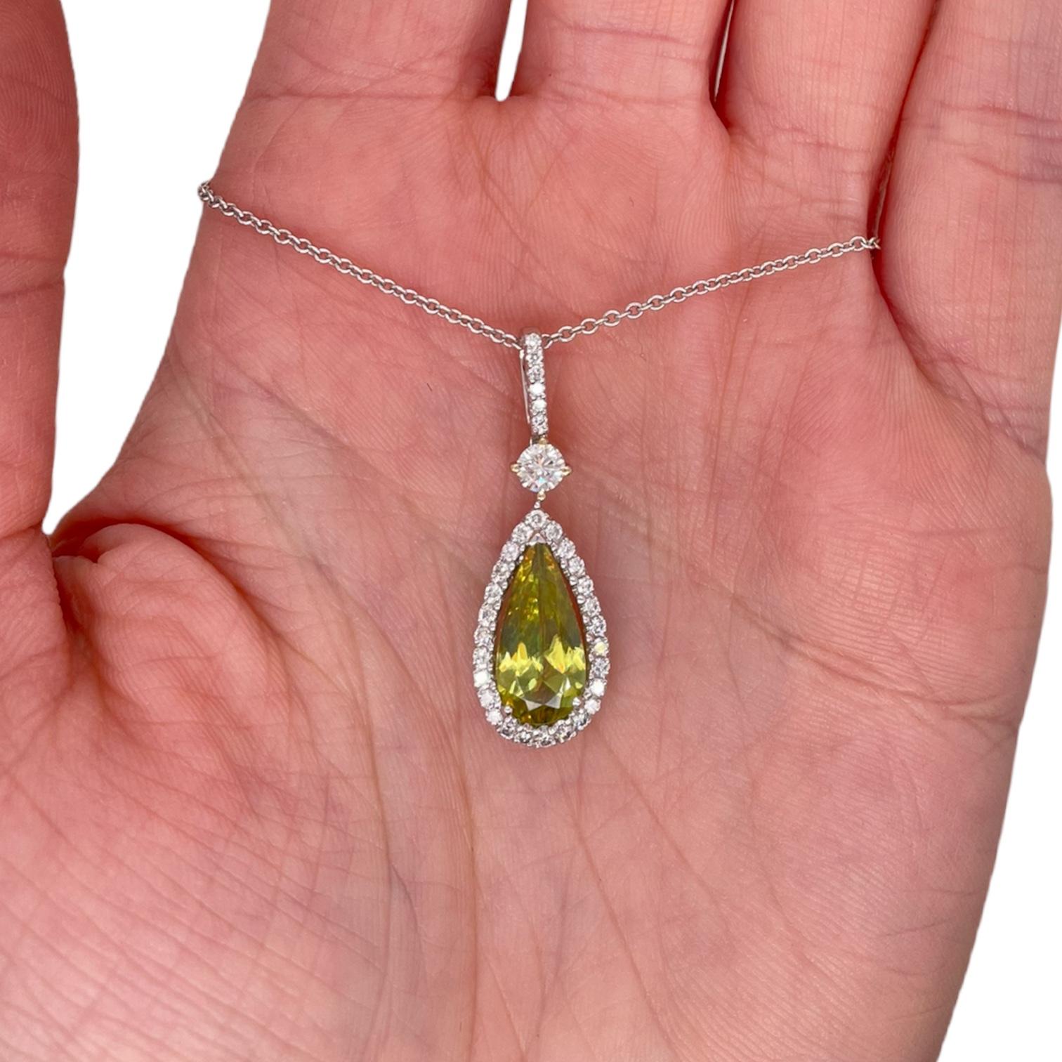 Contemporary Green Spinel & Diamond Halo Pendant in 18K White Gold For Sale