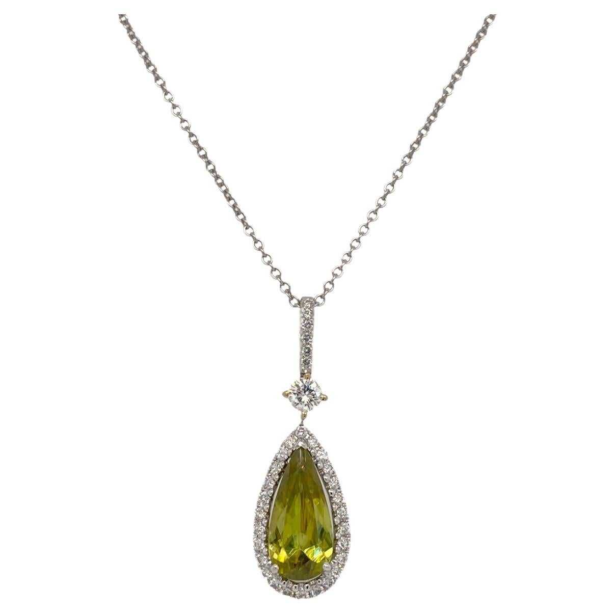 Green Spinel & Diamond Halo Pendant in 18K White Gold For Sale