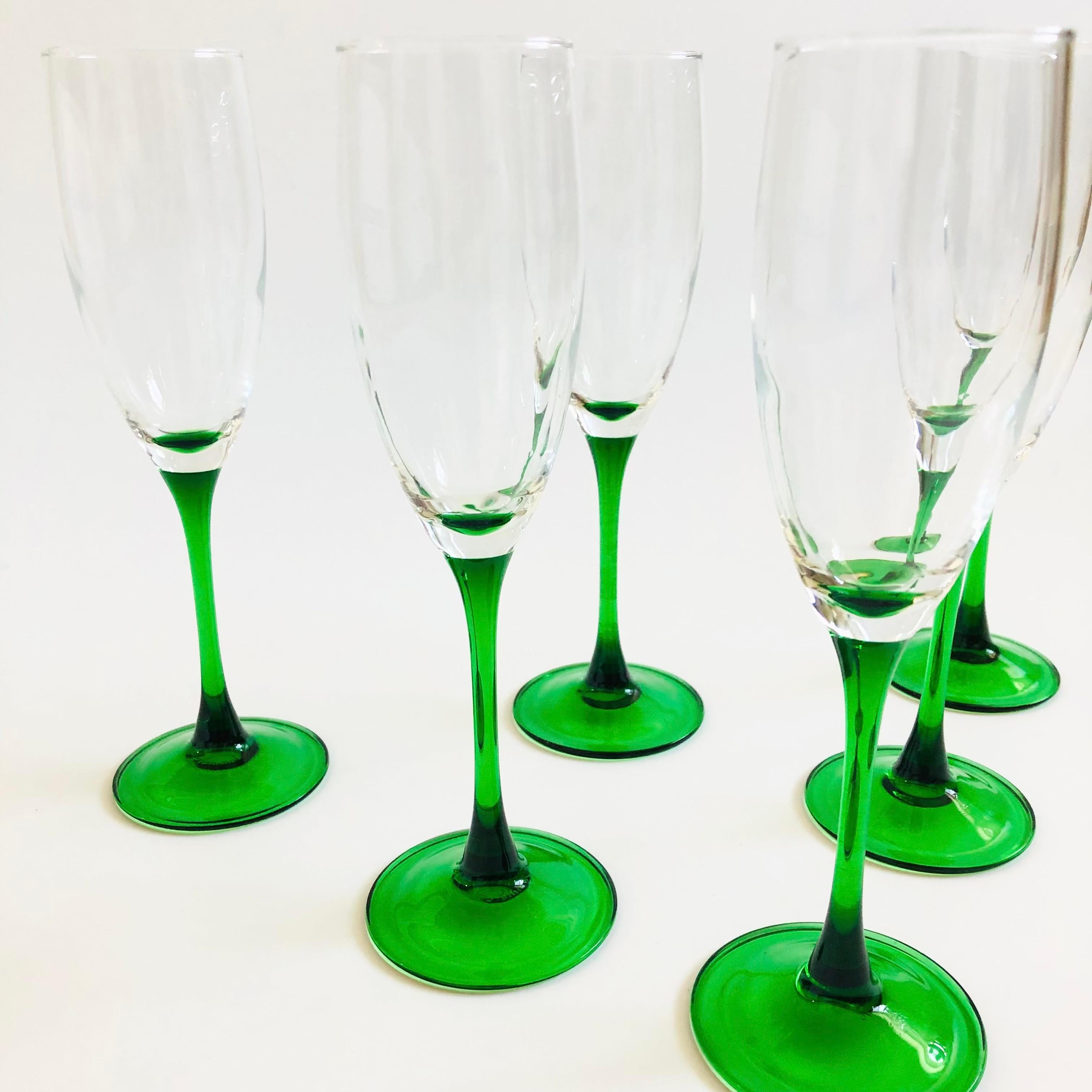 Green Stem Champagne Flutes - Set of 6 In Good Condition In Fairfield, CA