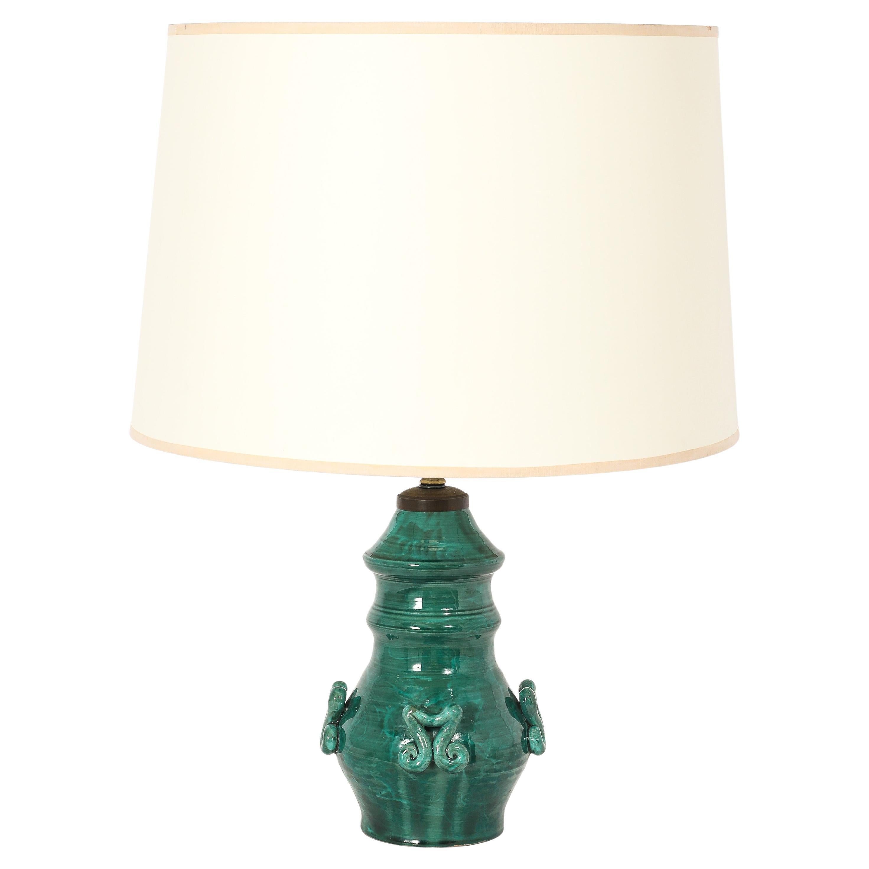 Green Stepped Ceramic Lamp, France 1950
s