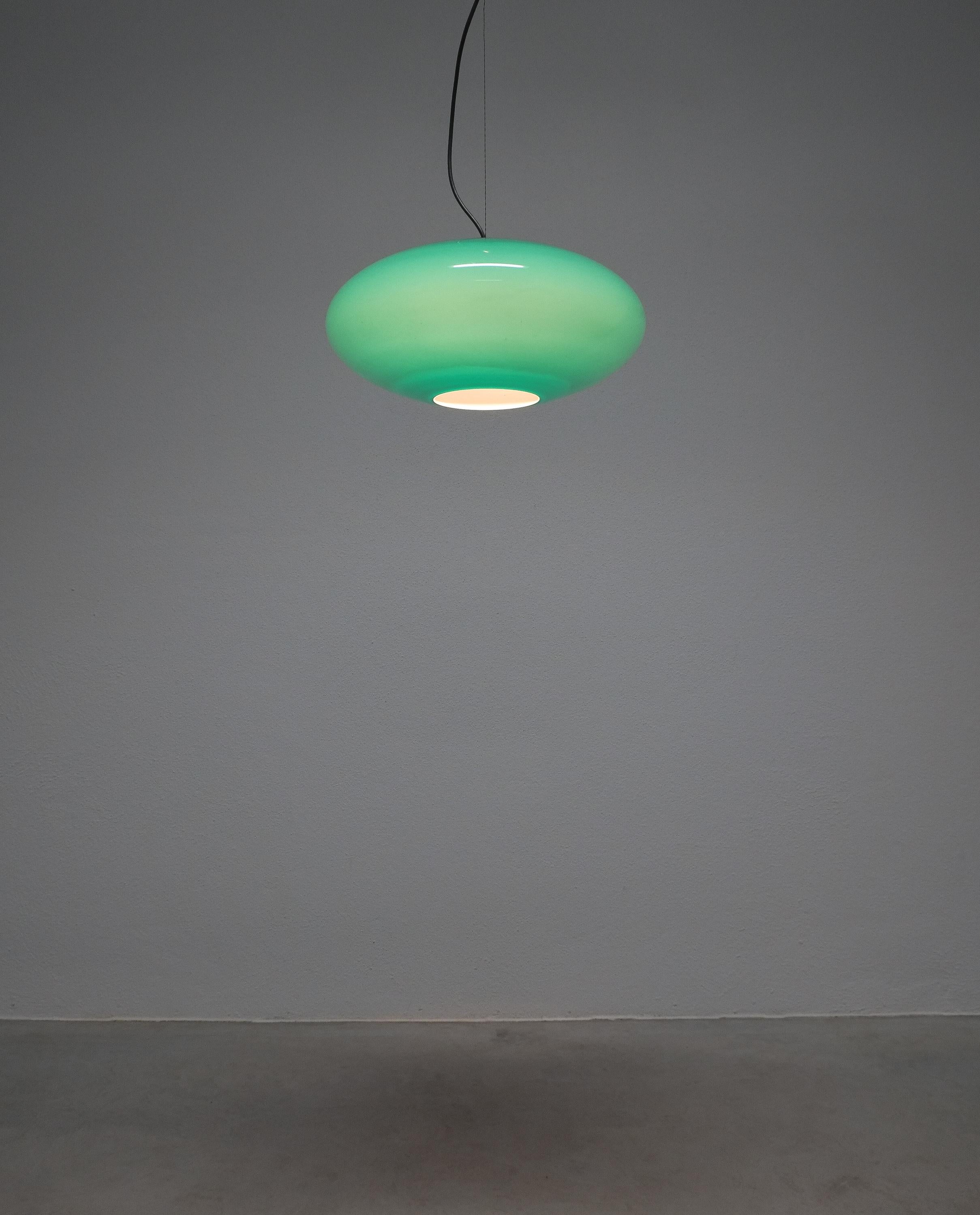 Lacquered Green Stilnovo Glass Ball Pendant Lamp, Midcentury, Italy