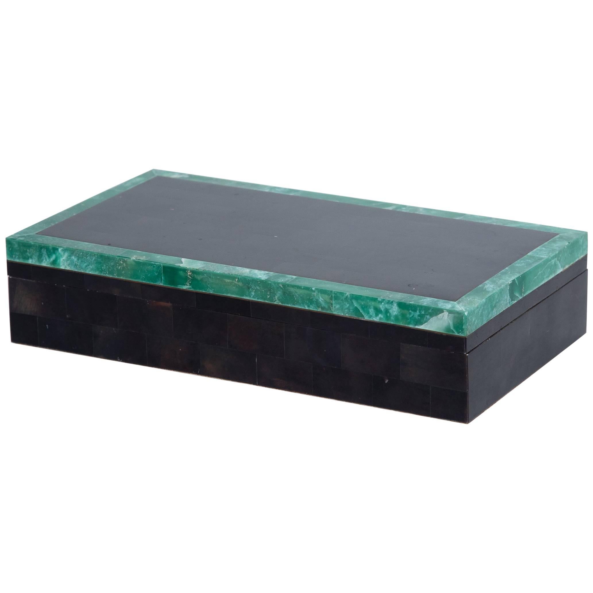  Tessellated Horn Jewelry Box with Adventurine Green Stone Border For Sale