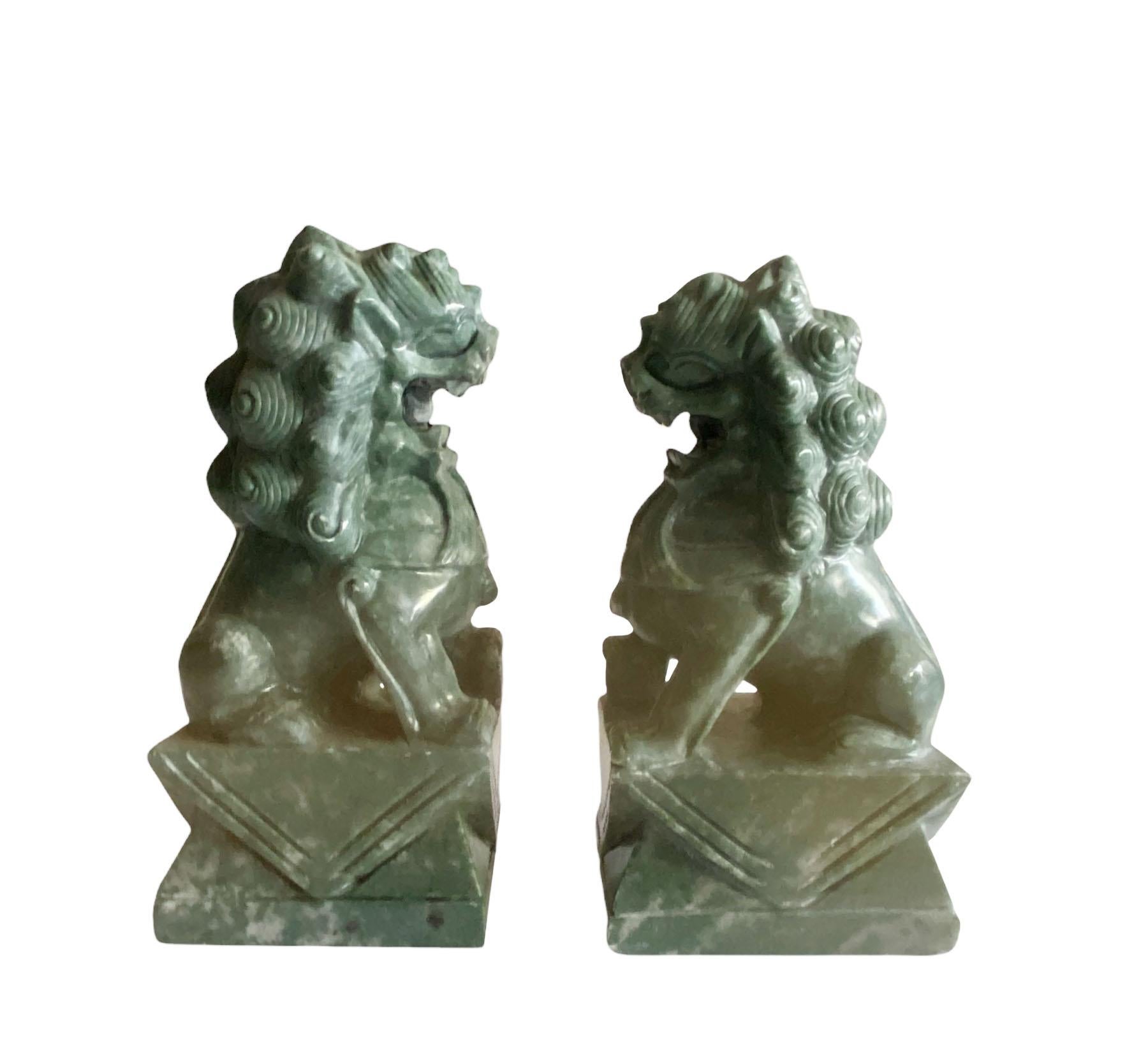 Green Stone Chinese Foo Dogs, a Pair In Good Condition In Clearwater, FL