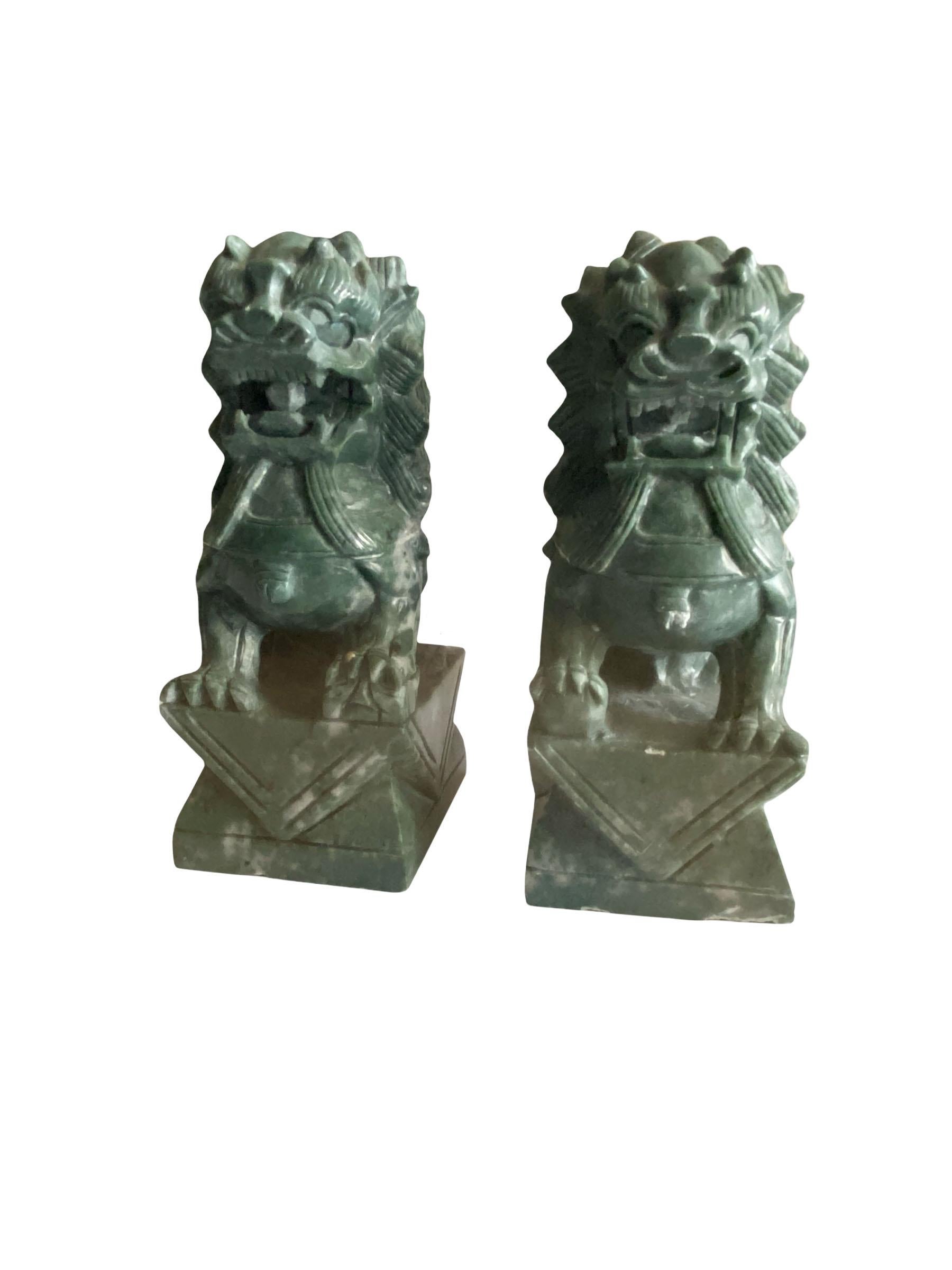 Green Stone Chinese Foo Dogs, a Pair 1