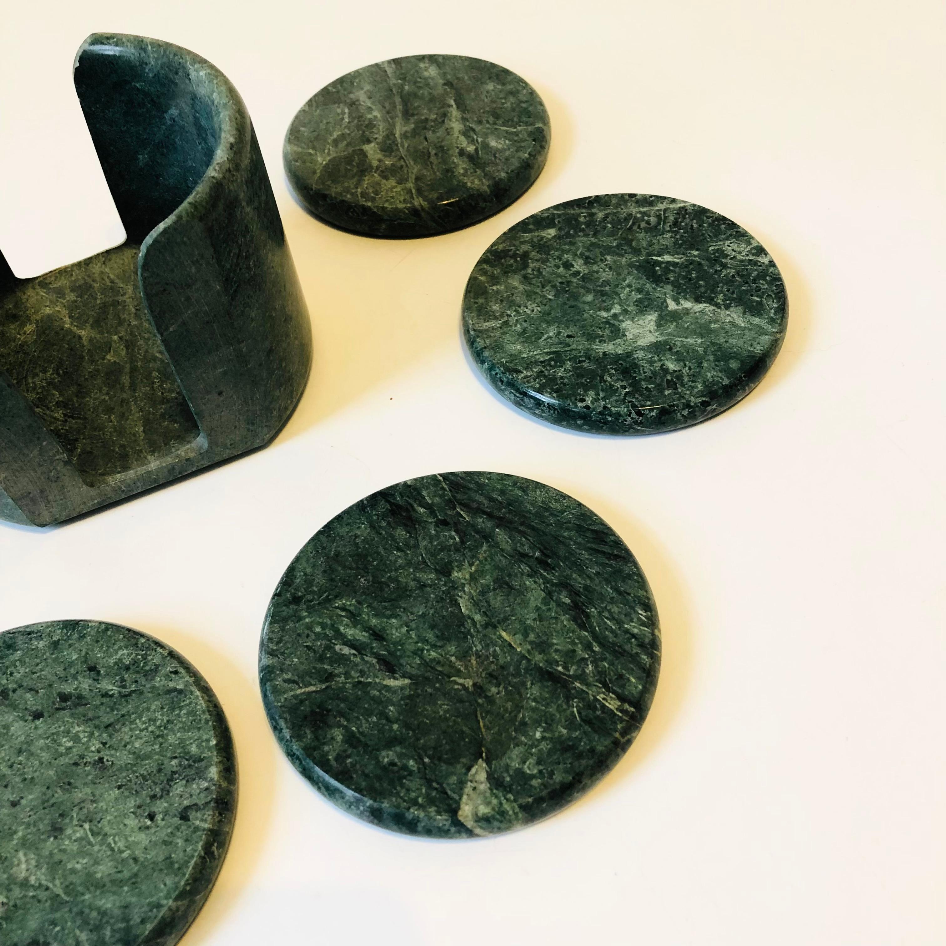 20th Century Green Stone Coaster Set - Set of 6 Coasters in Holder
