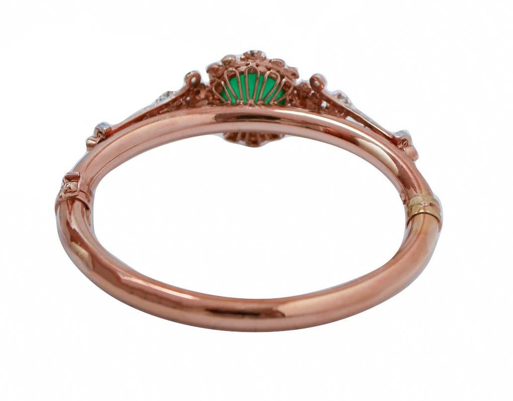 Retro Green Stone, Diamonds, Rose Gold and Silver Bracelet. For Sale
