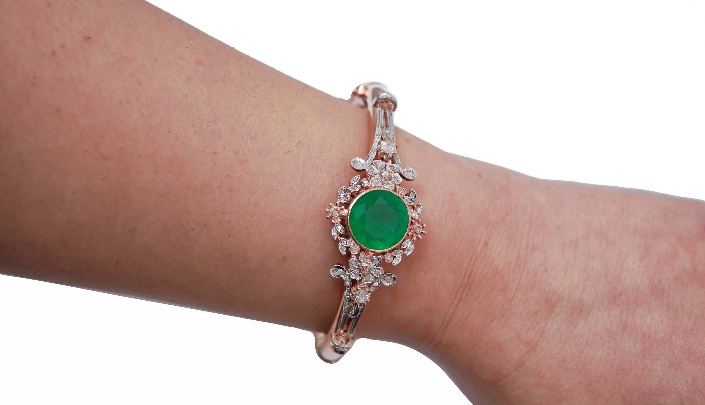 Mixed Cut Green Stone, Diamonds, Rose Gold and Silver Bracelet. For Sale