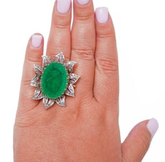 Green Stone, Diamonds, Rose Gold and Silver Flower  Ring.