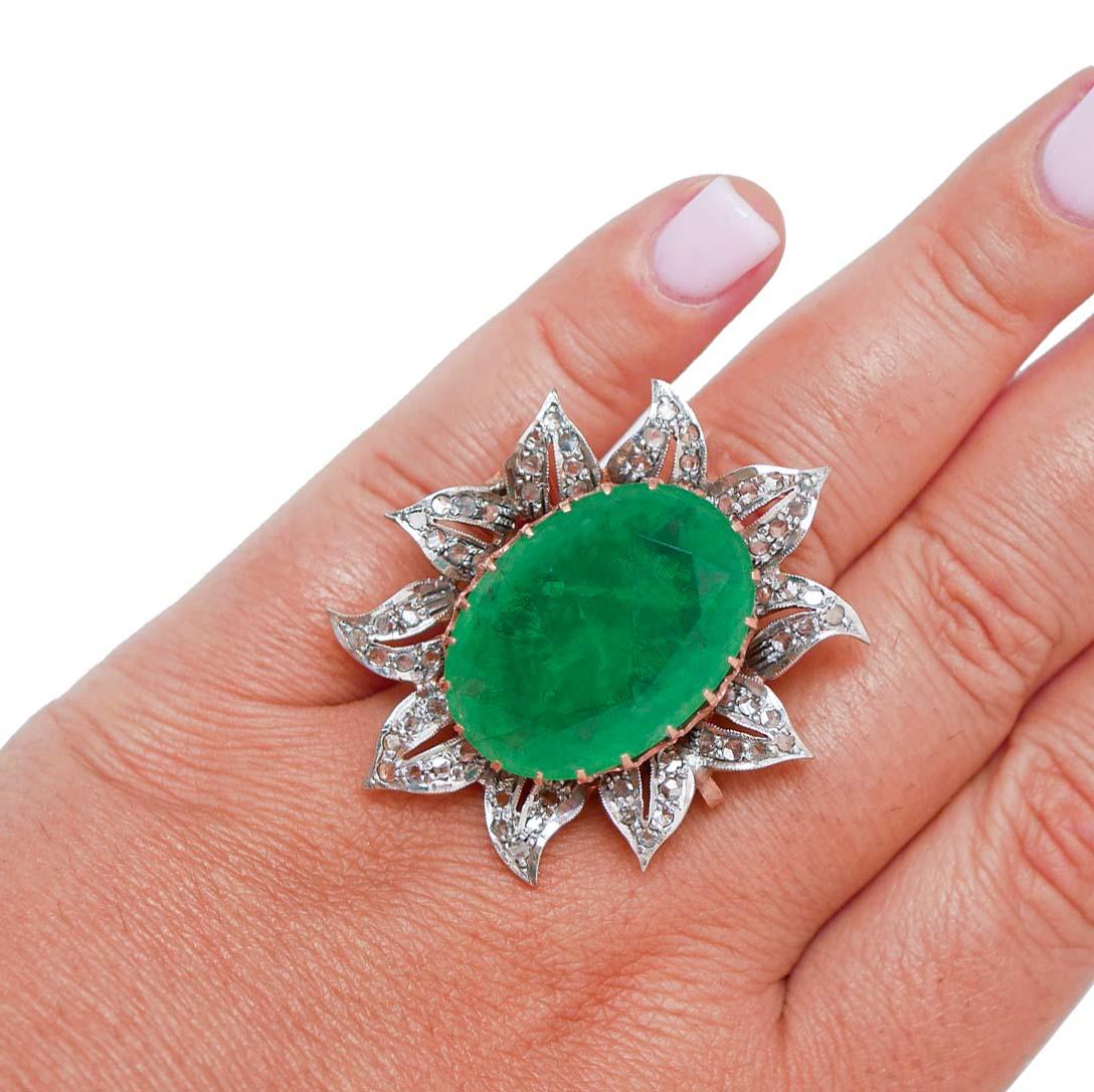 Rétro Pietra verde, diamanti, oro rosa e fiore d'argento  Anello. in vendita