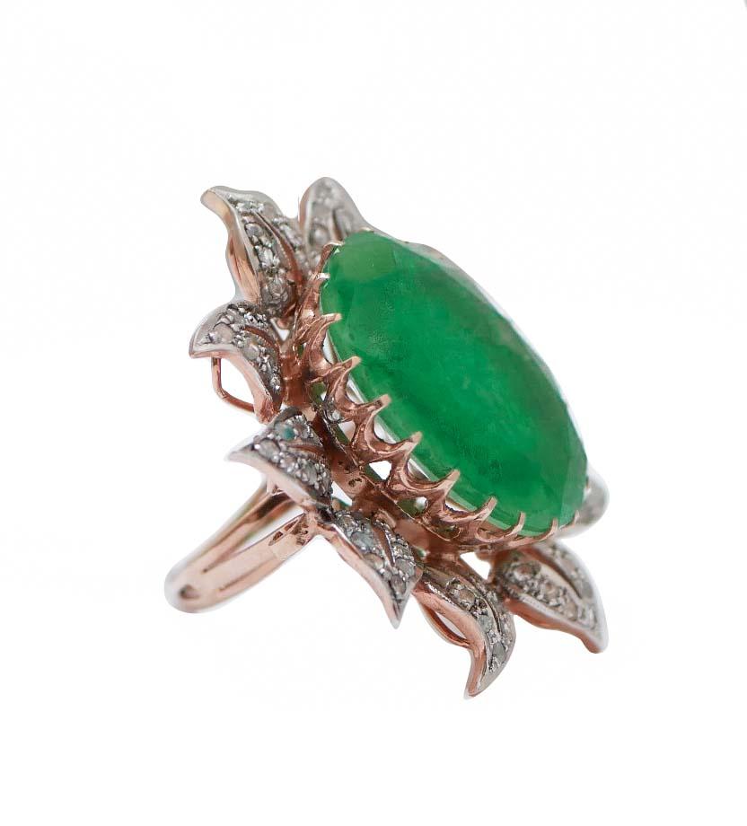 Taglio misto Pietra verde, diamanti, oro rosa e fiore d'argento  Anello. in vendita