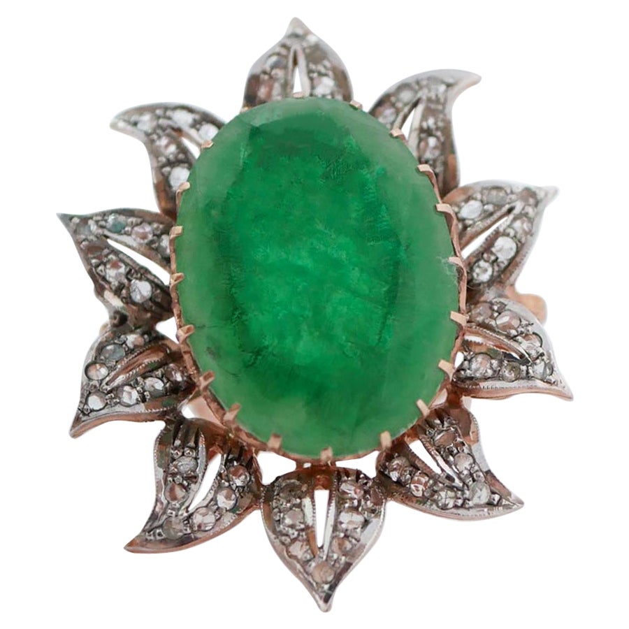 Pietra verde, diamanti, oro rosa e fiore d'argento  Anello. in vendita