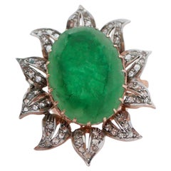 Green Stone, Diamonds, Rose Gold and Silver Flower  Ring.