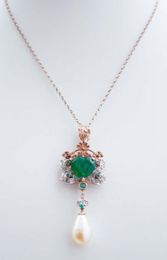 Green Stone, Emeralds, Diamonds, Pearl, Rose Gold and Silver Pendant.