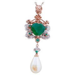 Green Stone, Emeralds, Diamonds, Pearl, Rose Gold and Silver Pendant.
