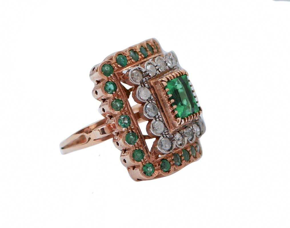 Fantastic ring in 9 kt rose gold and silver structure mounted with a central emerald surrounded by diamonds and little emeralds.
This ring was totally handmade by Italian master goldsmiths and it is in perfect conditions.
Diamonds 1.43 ct
Emeralds