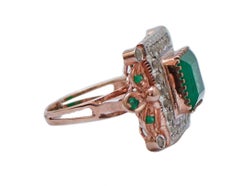 Green Stone, Emeralds, Diamonds, Rose Gold and Silver Ring.