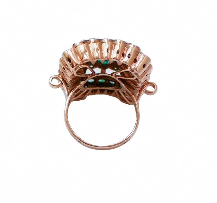Retro Green Stone, Emeralds, Diamonds, Rose Gold and Silver Ring.