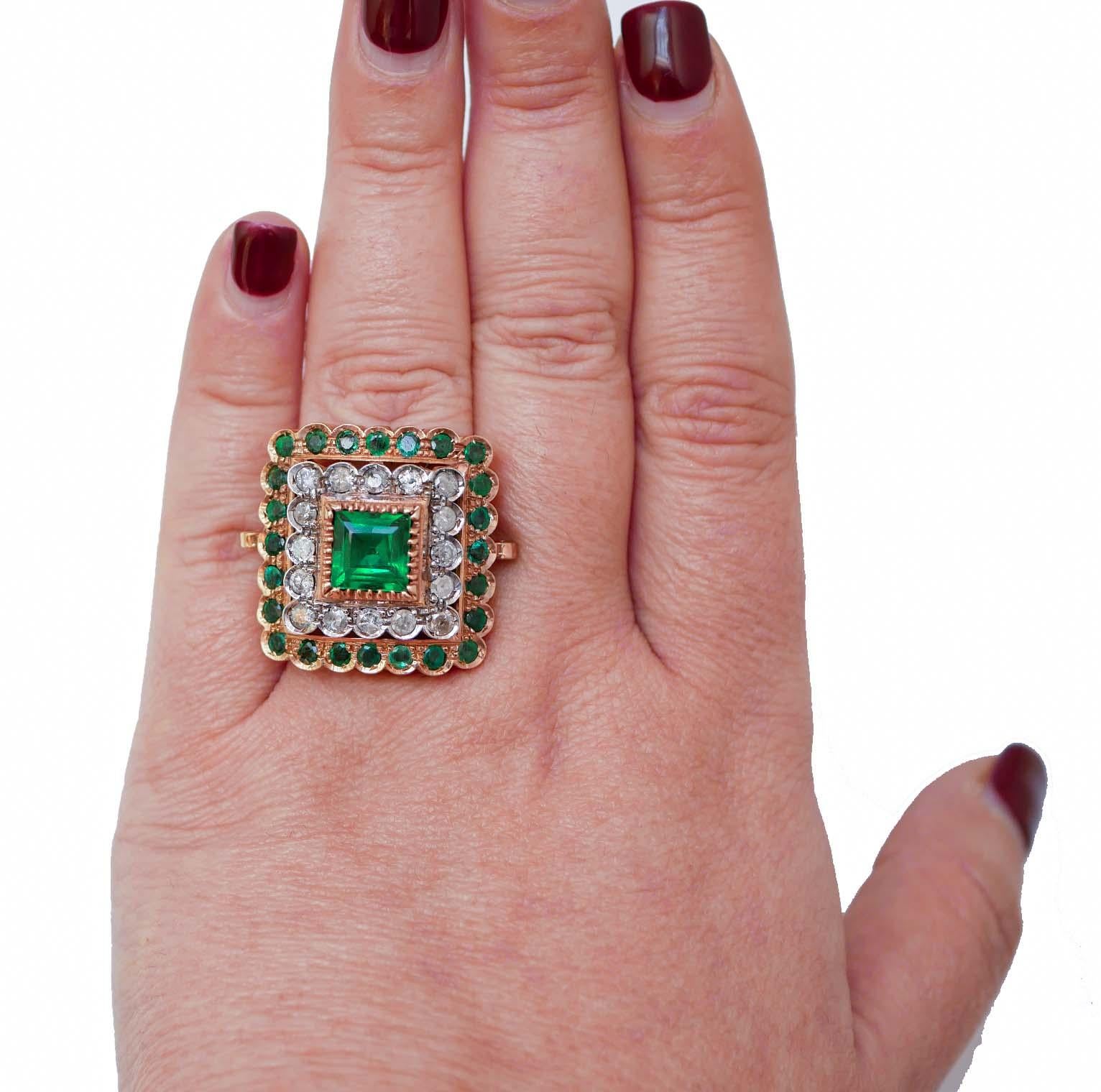 Mixed Cut Green Stone, Emeralds, Diamonds, Rose Gold and Silver Ring.