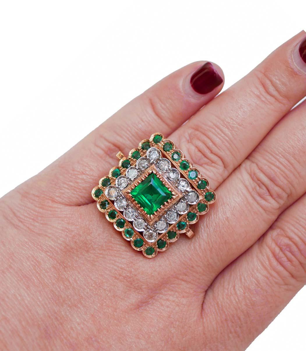 Green Stone, Emeralds, Diamonds, Rose Gold and Silver Ring. In Good Condition In Marcianise, Marcianise (CE)