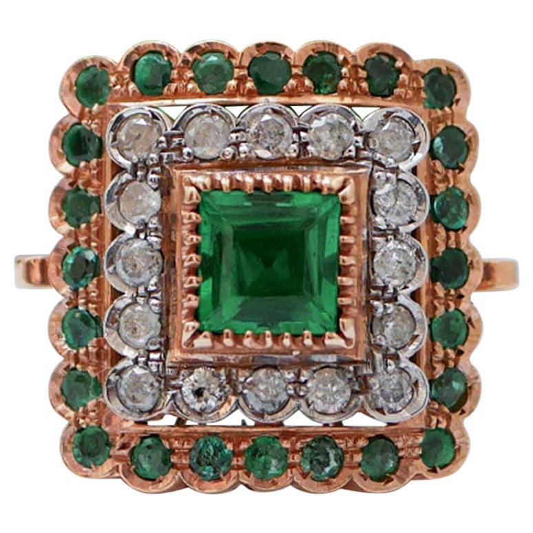 Green Stone, Emeralds, Diamonds, Rose Gold and Silver Ring.