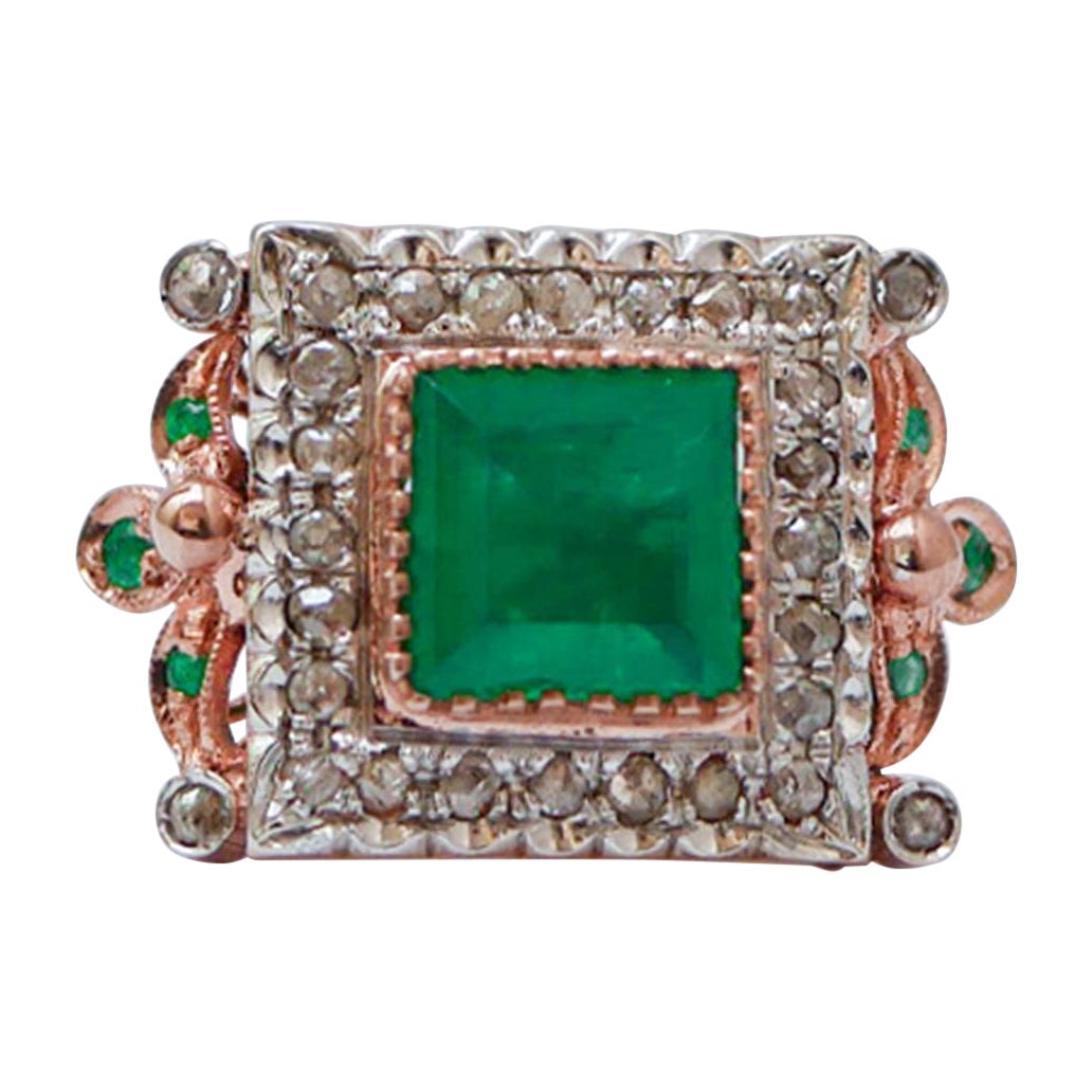 Green Stone, Emeralds, Diamonds, Rose Gold and Silver Ring.