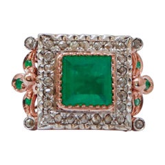 Green Stone, Emeralds, Diamonds, Rose Gold and Silver Ring.