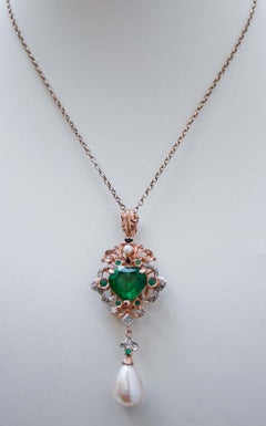Green Stone, Pearls, Emeralds, Diamonds, Rose Gold and Silver Pendant Necklace.