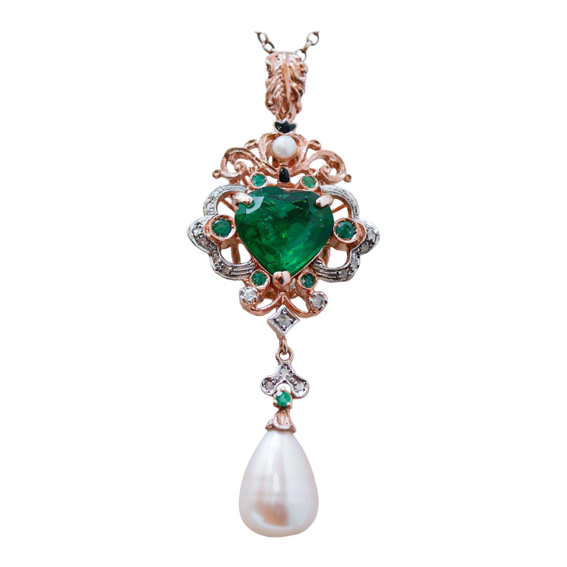 Green Stone, Pearls, Emeralds, Diamonds, Rose Gold and Silver Pendant Necklace.