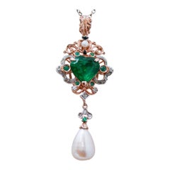 Green Stone, Pearls, Emeralds, Diamonds, Rose Gold and Silver Pendant Necklace.