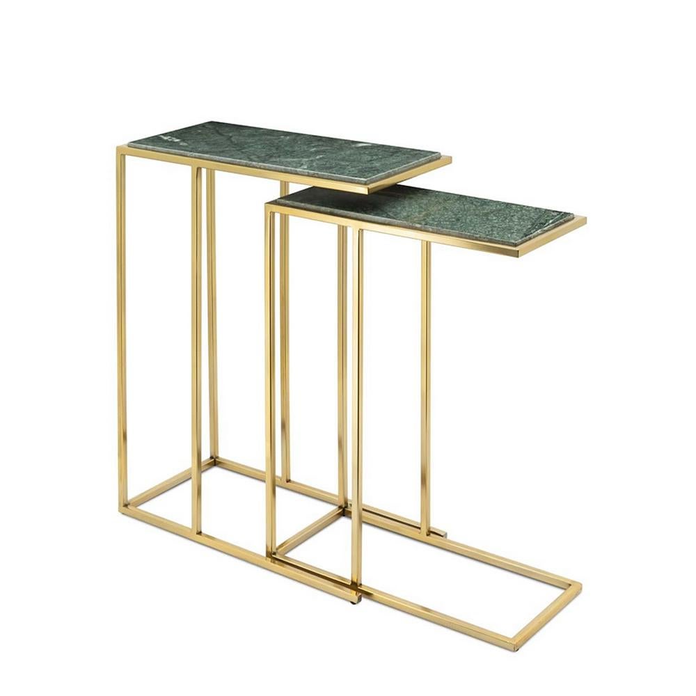 Side table green stone set of 2 with
structure in gilded metal an with tops
in green natural stone.
A/ L58xD21xH45cm.
B/ L63xD25xH50cm.