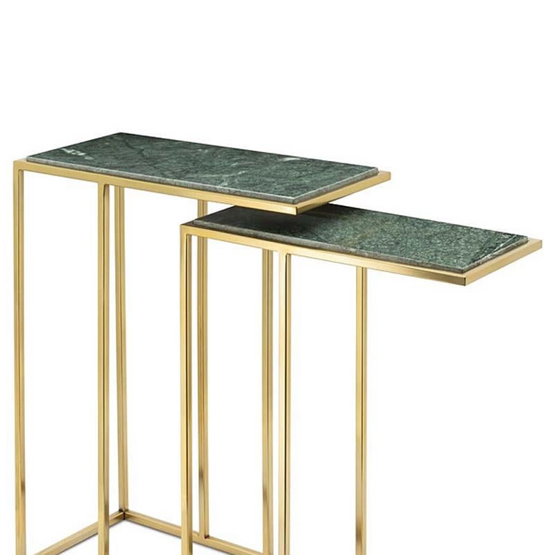 Italian Green Stone Set of 2 Side Table in Gold Finish